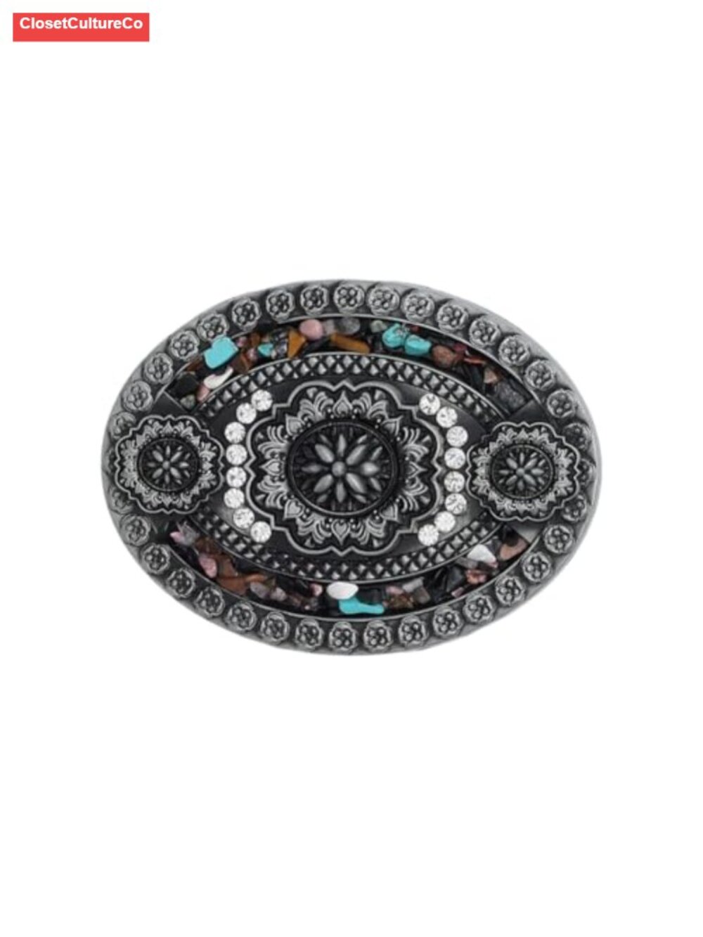 Vintage Western Oval Belt Buckle Turquoise Floral Alloy Bohemian Accessory